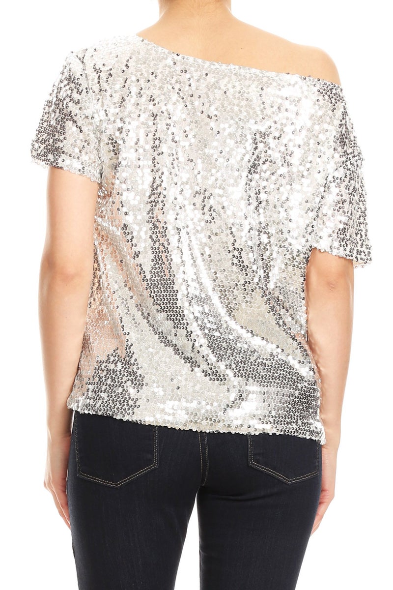 Anna-Kaci Womens Short Sleeve One Shoulder Sparkly Glitter Sequin Top Shirt Blouse, Silver, Medium - Image 2